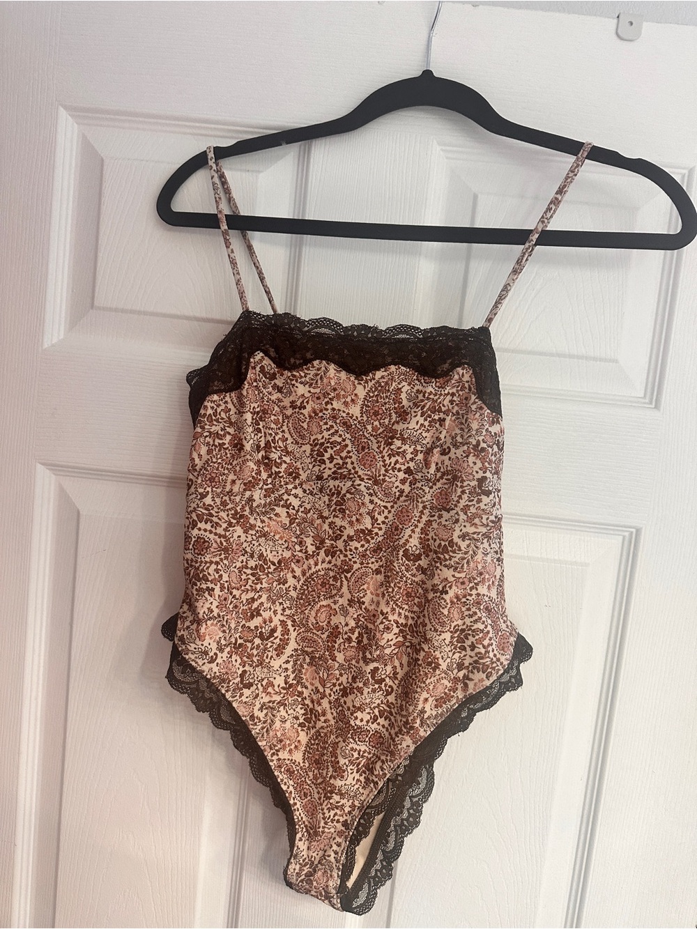 Target Paisley Satin Lace-Trim Bodysuit in Blush and Brown